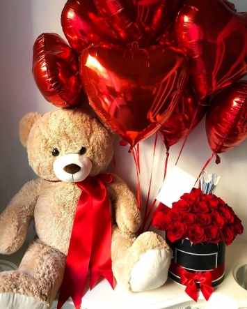 Kırmızı Gül & Teddy Bear & Helyum Balonlar