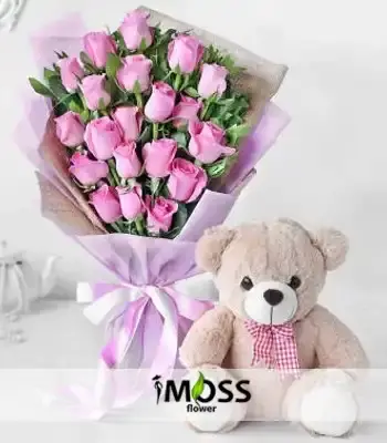 15 adet pembe gül ve ayıcık